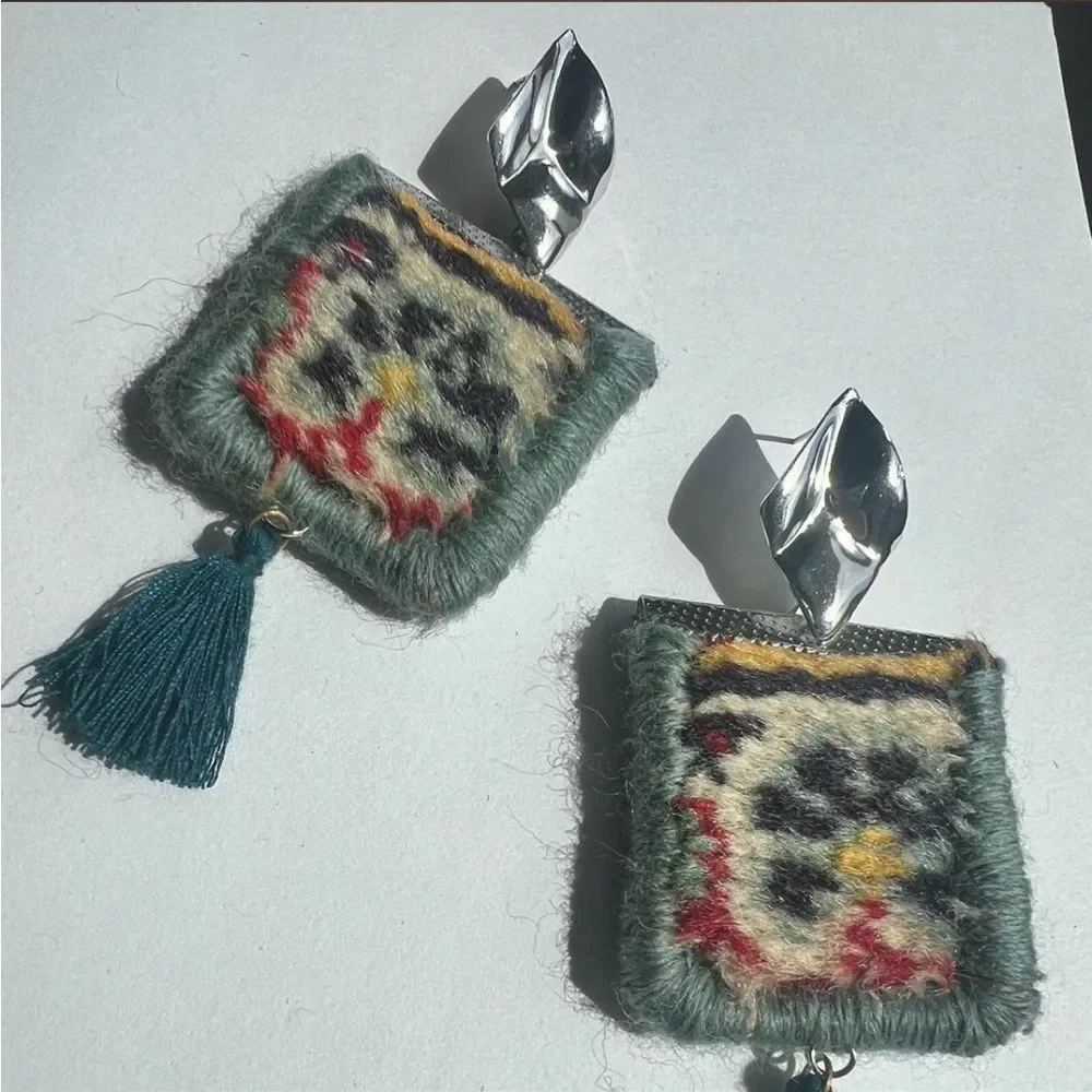 Bohemian Tapestry Earrings with Teal Tassel R9